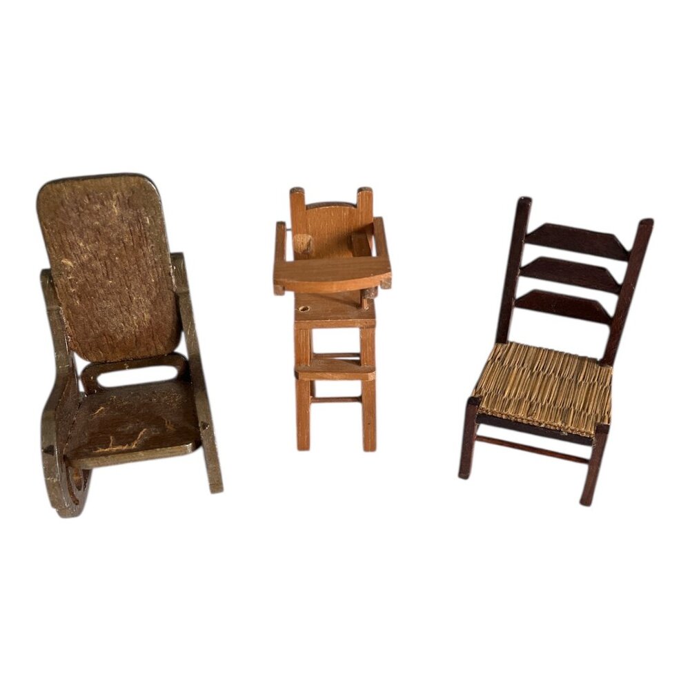 Vintage Miniature Wooden Dollhouse Chairs Shackman Ladder Back Rocking Chair Hig